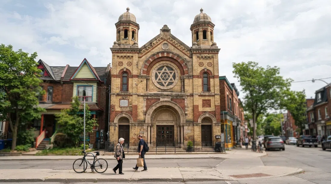 Kiever Synagogue på Bellevue Avenue, en historisk synagogefacade fra 1920'erne indrammet af Kensingtons lave gader i dagslys
