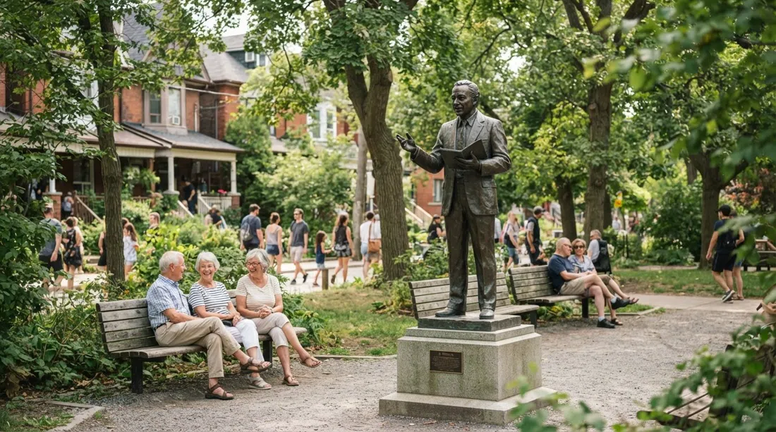 Bellevue Square Park ved Augusta med Al Waxman-statuen, folk sidder på bænke og snakker i sommerlys