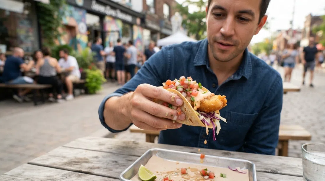 en sprød mahi-mahi-fisketaco fra Seven Lives Tacos y Mariscos på Kensington Avenue, lys salsa og kål i nærbillede