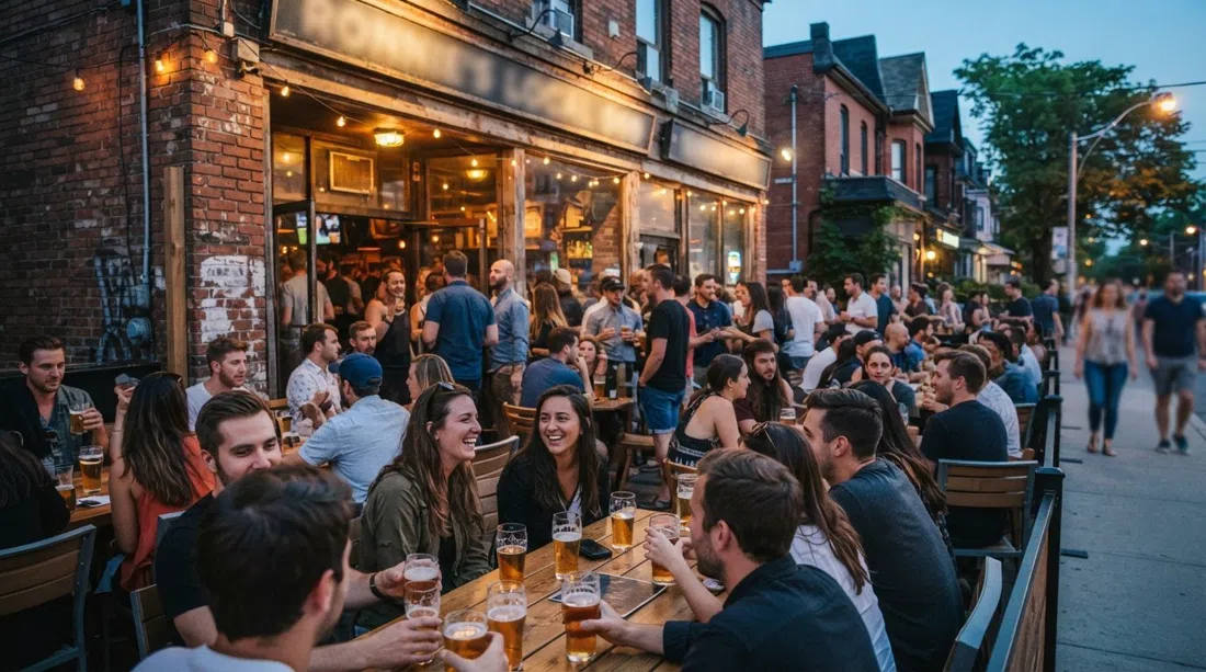 Ronnie’s Local 069 på Nassau Street med sin proppede forterrasse på en varm aften, pints på borde og der flyder over på fortovet