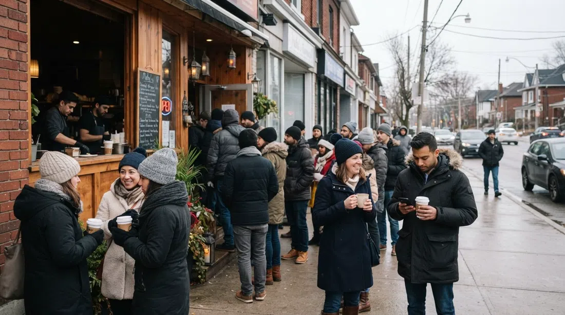 die Schlange vor Maha's Egyptian Brunch auf der Greenwood an einem kalten Wochenendmorgen, vermummte Gäste warten mit Kaffeetassen vor der Öffnung