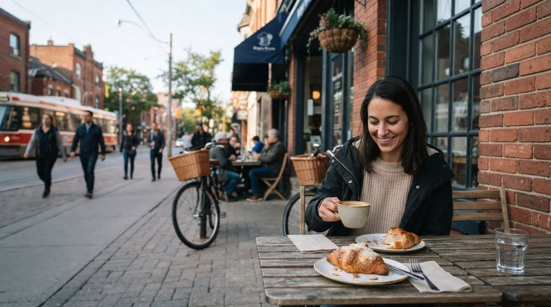 ein sonniger Gehsteigtisch vor Bonjour Brioche an der Queen East mit Gebäck, Kaffee und der Backsteinfassade im sanften Morgenlicht