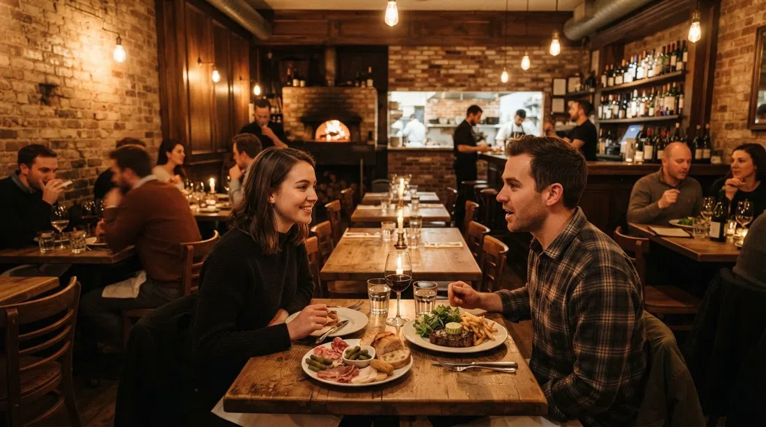 der holzgefeuerte Speisesaal der Maple Leaf Tavern an der Gerrard, warme Backsteinmauern und angerichtete französisch beeinflusste Gerichte im Abendglanz