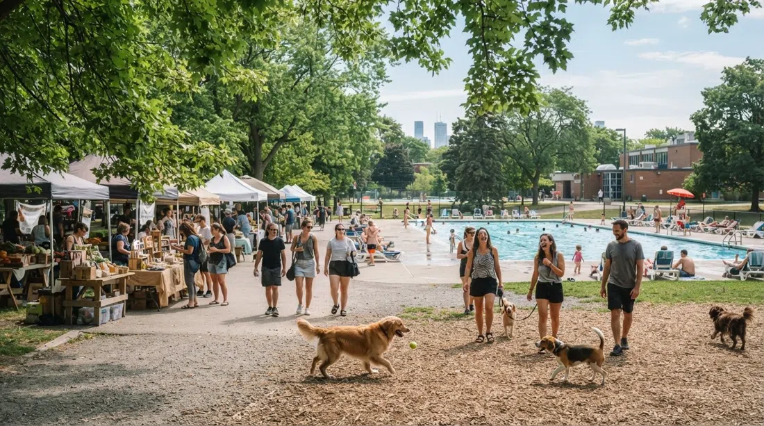 Greenwood Park im Sommer mit Hundepark, Poolbereich und Marktständen unter blättrigen Bäumen an einem hellen Sonntagmorgen
