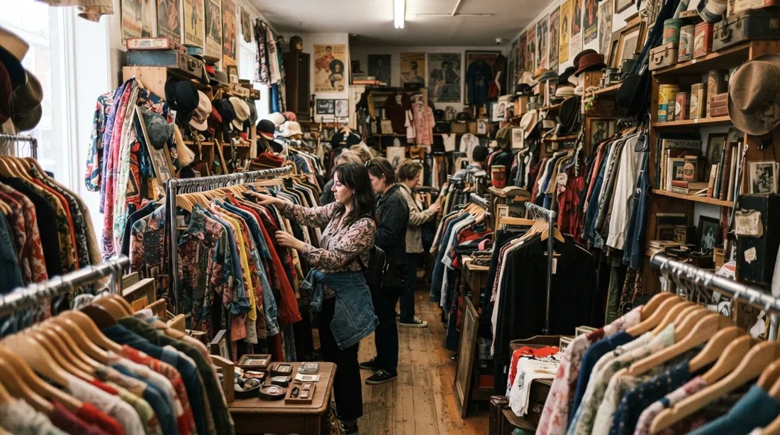 el interior abarrotado de Gadabout Vintage en Queen East, estanterías de ropa vintage, carteles y curiosidades hasta el techo
