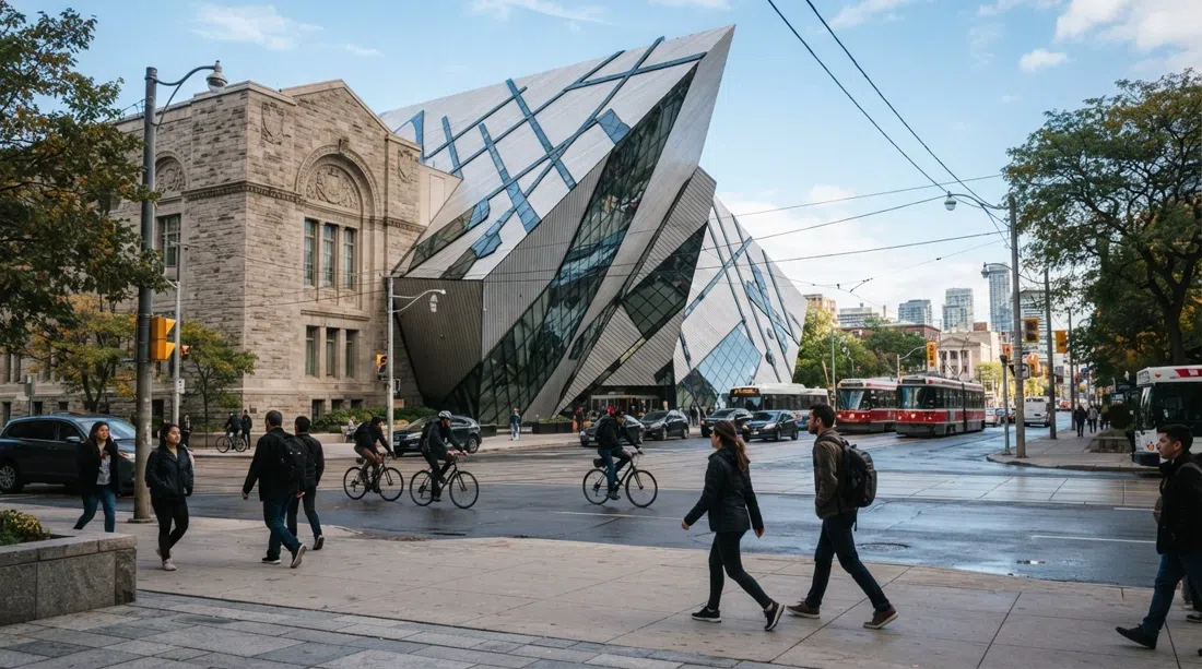 la adición de cristal de Libeskind del Museo Real de Ontario sobresaliendo sobre Bloor en Queen's Park, vista desde el nivel de la calle a la luz del día