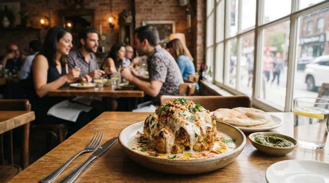 la coliflor asada entera en Fat Pasha, ricamente servida con tahini y piñones sobre una mesa en el cálido comedor de Dupont Street