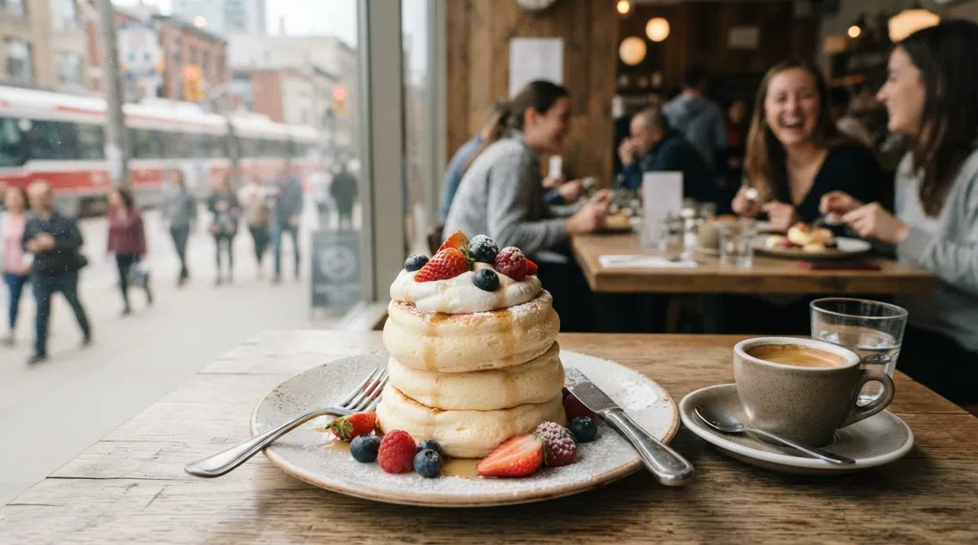 una pila de panqueques soufflé japoneses temblorosos en Fuwa Fuwa en Bloor, suavemente iluminados junto a una taza de espresso