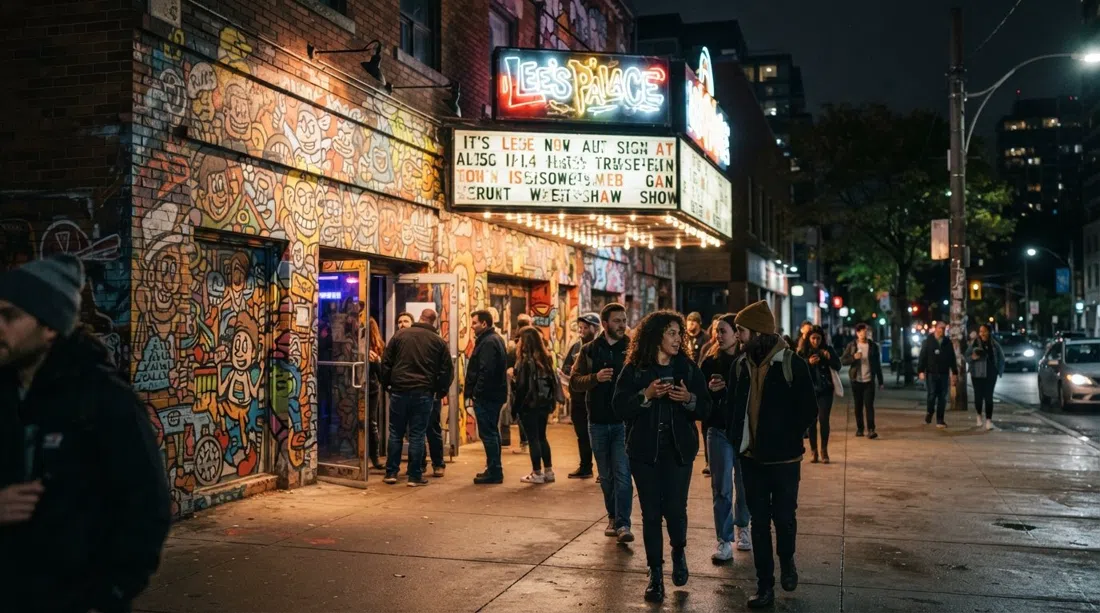 Lee's Palace en Bloor de noche, su fachada de caricatura con grafitis de Al Runt brillando bajo las farolas con asistentes al concierto afuera