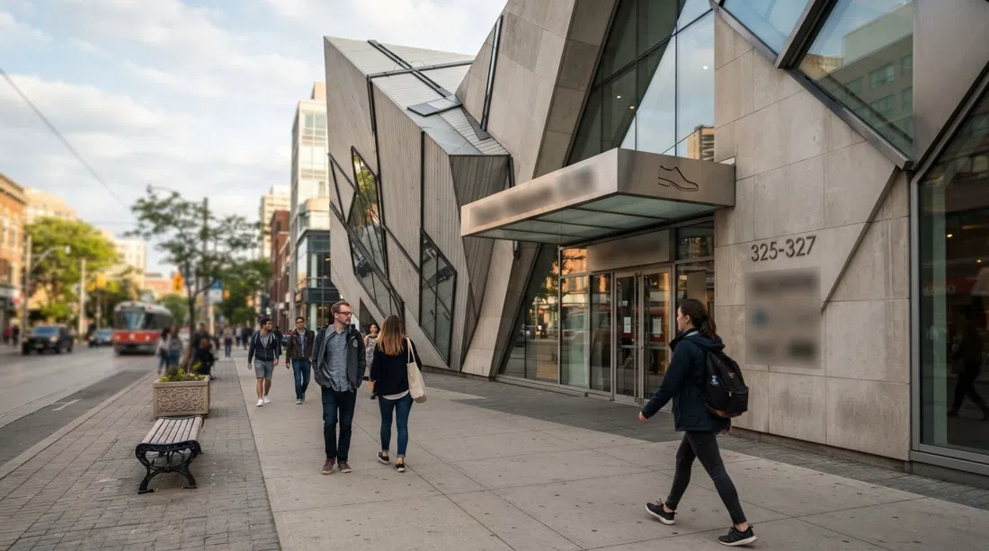 el Museo del Calzado Bata en forma de caja de zapatos en 327 Bloor St W, su distintivo exterior visto desde la acera en la luz suave de la tarde