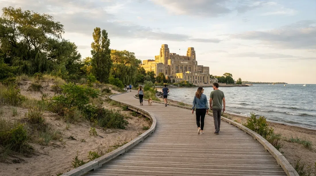 el malecón de The Beaches bordeando el lago Ontario al atardecer, tablones de madera, dunas de arena y la planta de tratamiento R.C. Harris brillando en el extremo este