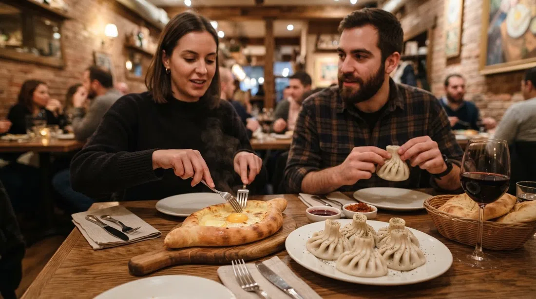 una mesa en Tiflisi en Queen Street East con khachapuri en forma de barco de queso y khinkali hechos a mano, luz cálida del comedor y platos para compartir en primer plano