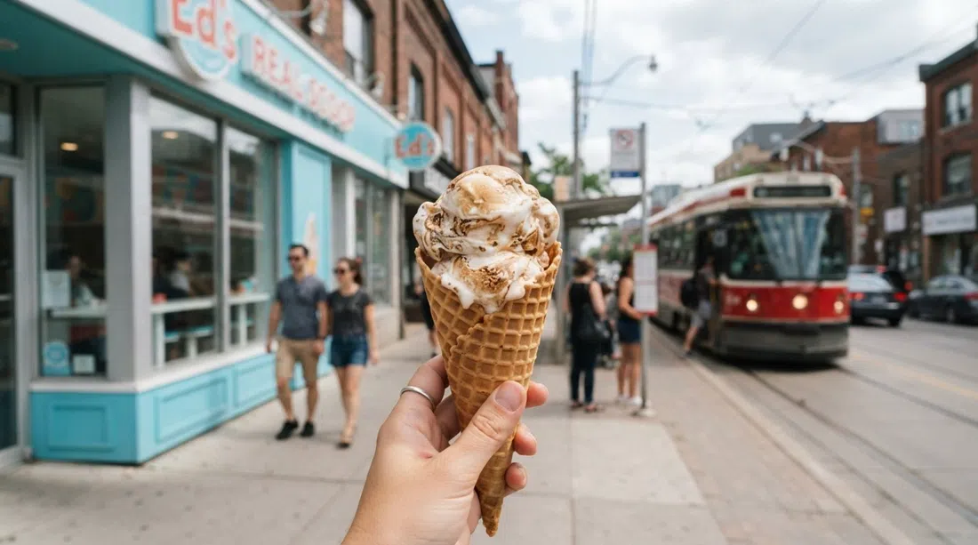 un cono de verano de Ed’s Real Scoop en Queen Street East, helado de malvavisco tostado en un cono de barquillo con la parada de tranvía y el escaparate brillante detrás