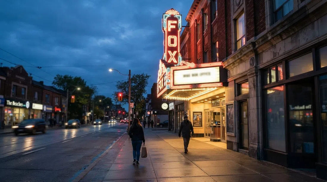 el marquesina del Fox Theatre en Queen Street East al anochecer, frente de cine de una pantalla iluminado sobre una acera tranquila