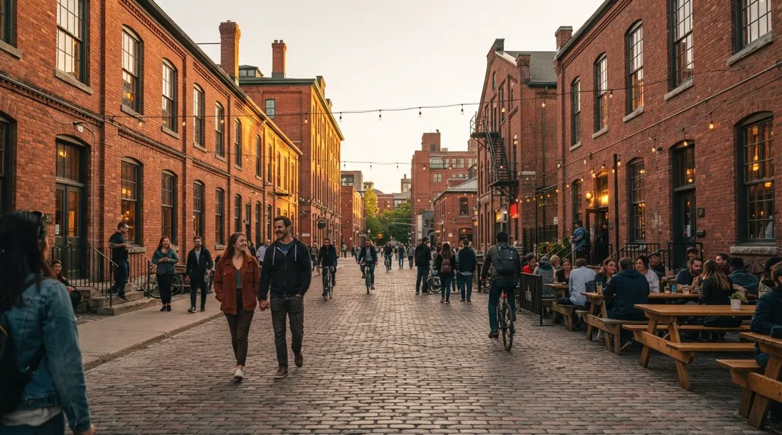 fachadas de almacenes victorianos de ladrillo rojo a lo largo de Trinity Street en el Distillery District al atardecer, adoquines y ventanas patrimoniales brillando con luz suave