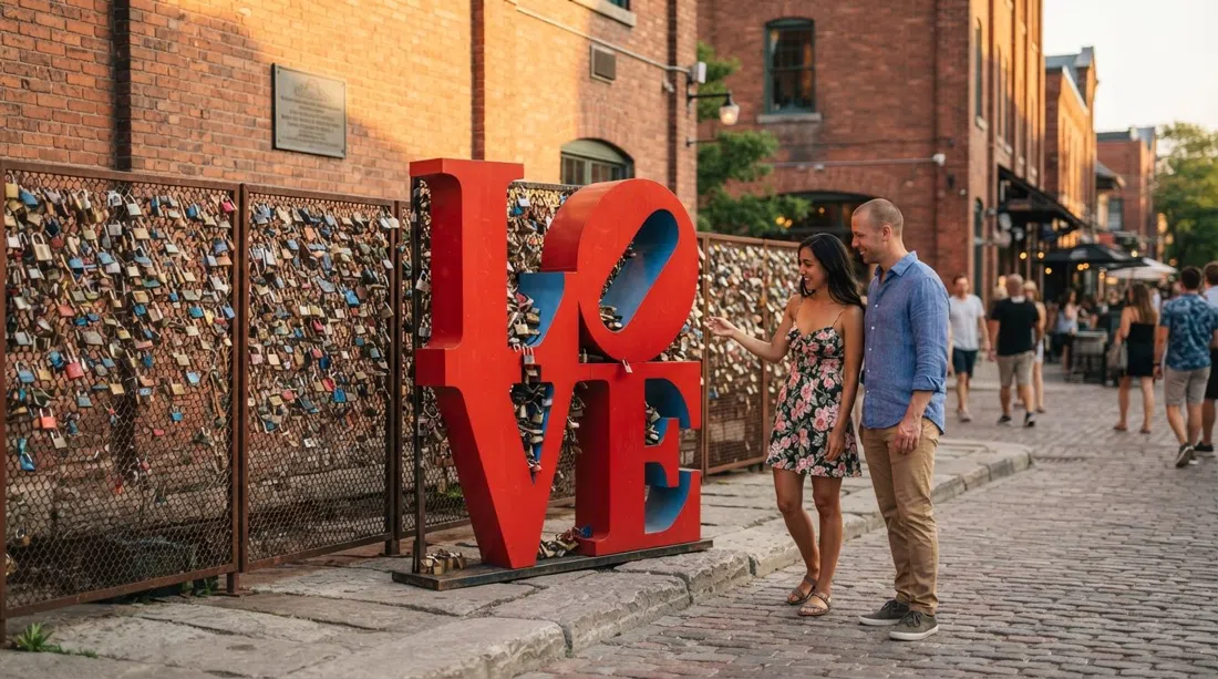 la escultura LOVE en Gristmill Lane con candados grabados en la valla, cálida luz vespertina y paredes de almacén de ladrillo al fondo