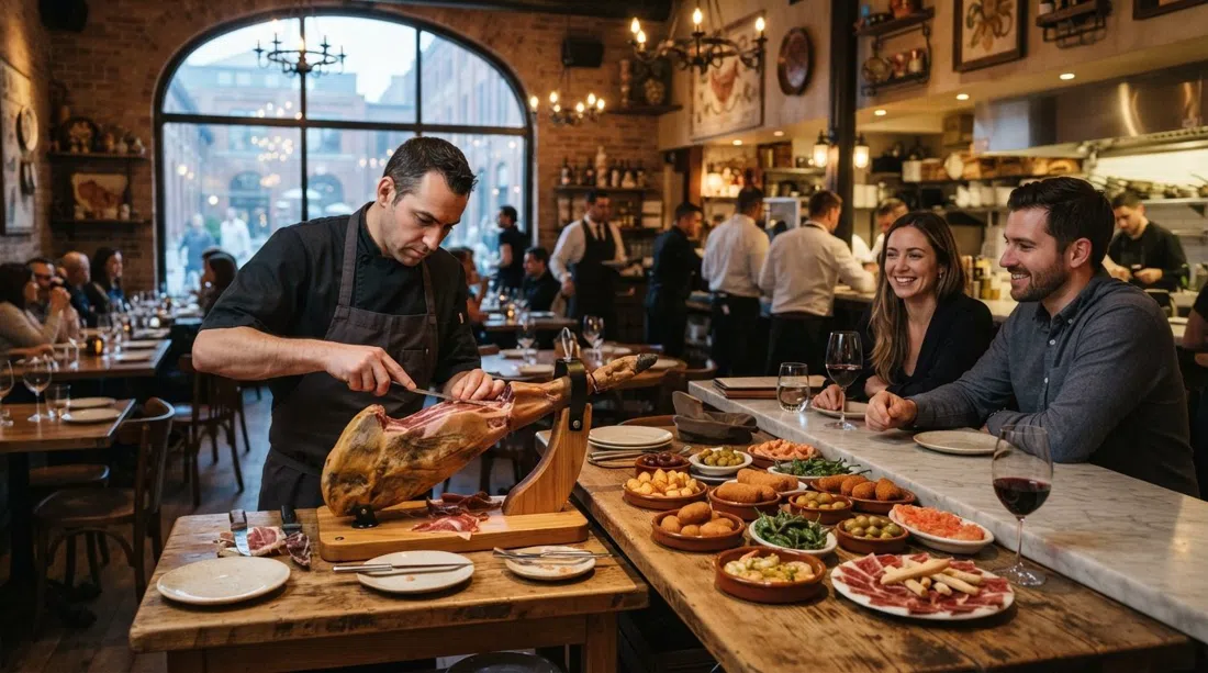 una variedad de tapas y estación de corte de jamón en Madrina Bar y Tapas, elegante comedor catalán con ambiente cálido al atardecer