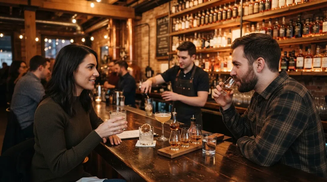 cócteles y vuelos de degustación en Spirit of York Distillery, ambiente de bar elegante con botellas y reflejos cálidos al atardecer