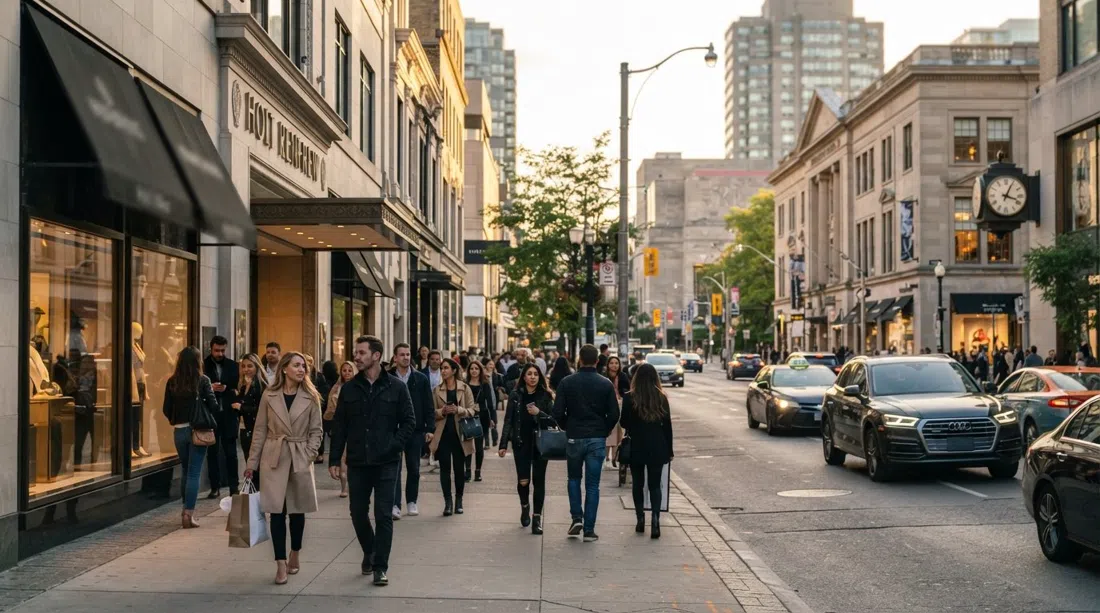 Bloor Street West en Yorkville al atardecer, escaparates de lujo y ventanas de Holt Renfrew bordeando la Mink Mile con tráfico y peatones elegantes