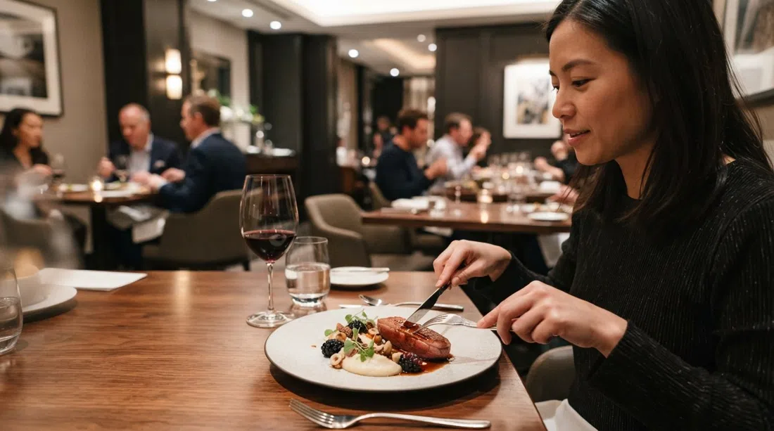 el refinado comedor de Enigma Yorkville en St. Thomas Street, un plato de menú de degustación Michelin presentado con precisión de alta cocina bajo luz suave