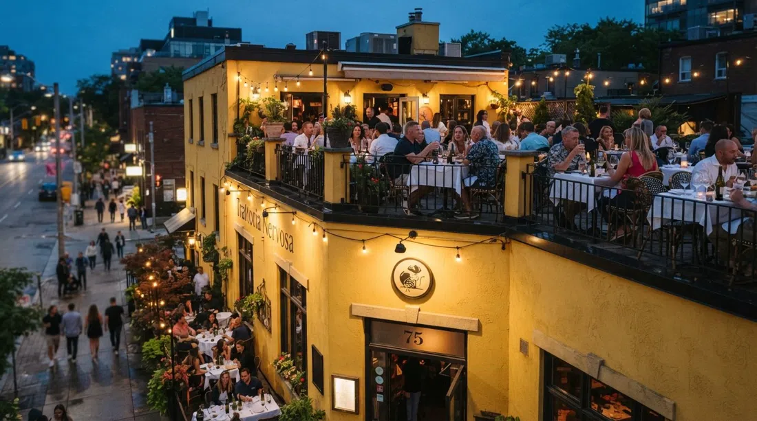la casa de esquina amarilla de Trattoria Nervosa en el 75 de Yorkville Avenue, mesas de terraza en la azotea sobre la calle en una tarde cálida