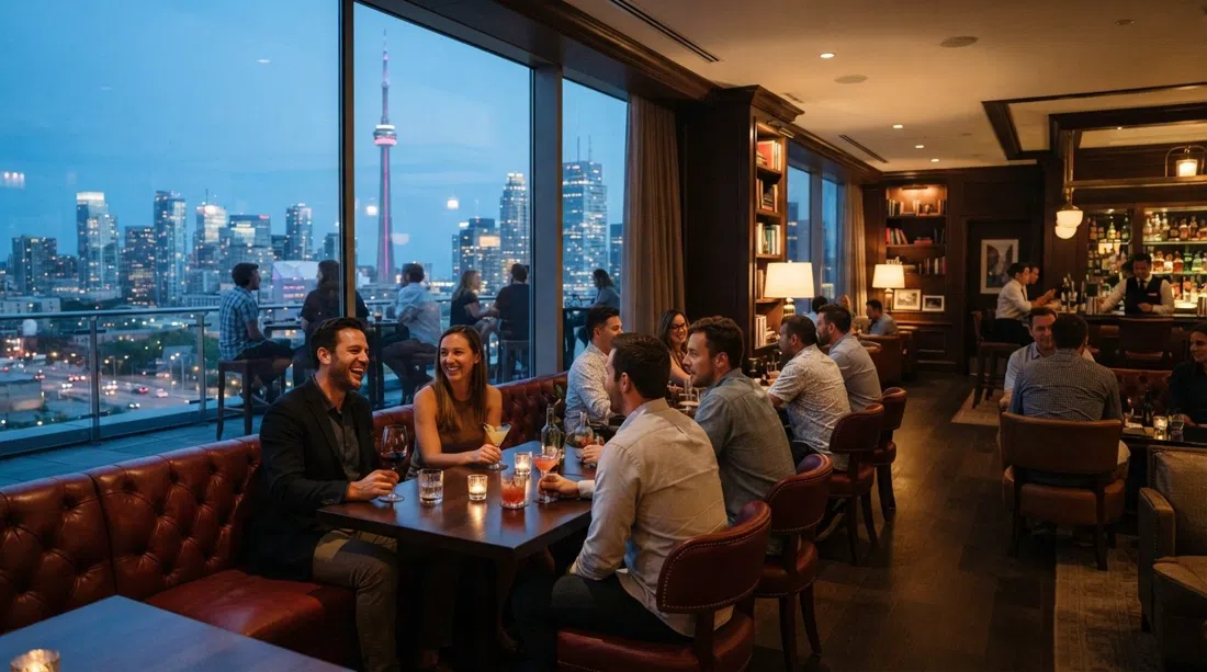 Writers Room Bar en el piso 17 del Park Hyatt, banquetas de color rojo oscuro y ventanas con vista al horizonte brillando al atardecer con el balcón de verano abierto