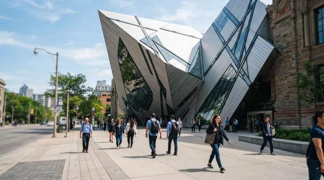 El Museo Real de Ontario en Bloor Street con el Michael Lee-Chin Crystal de Daniel Libeskind sobresaliendo sobre la acera a la luz del día