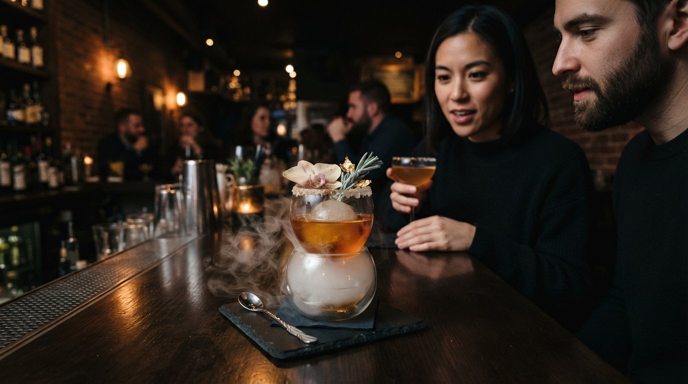 an elaborate modernist cocktail at BarChef on Queen West, with theatrical garnish and moody low light